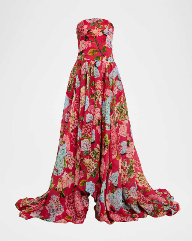Hydrangea-Print Silk Organza Drop-Waist Gown